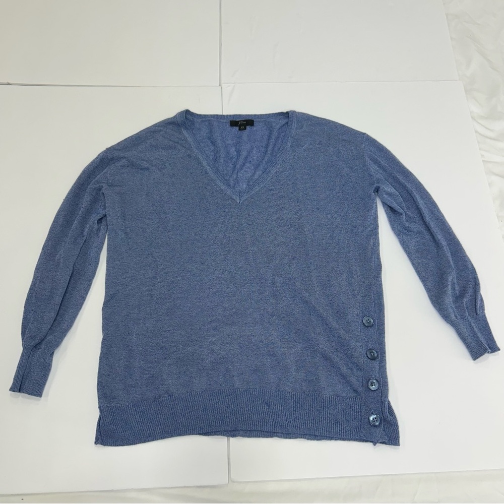 J. Crew Light Knit Blue V-Neck Long Sleeve Top with Side Buttons.  Women’s XS